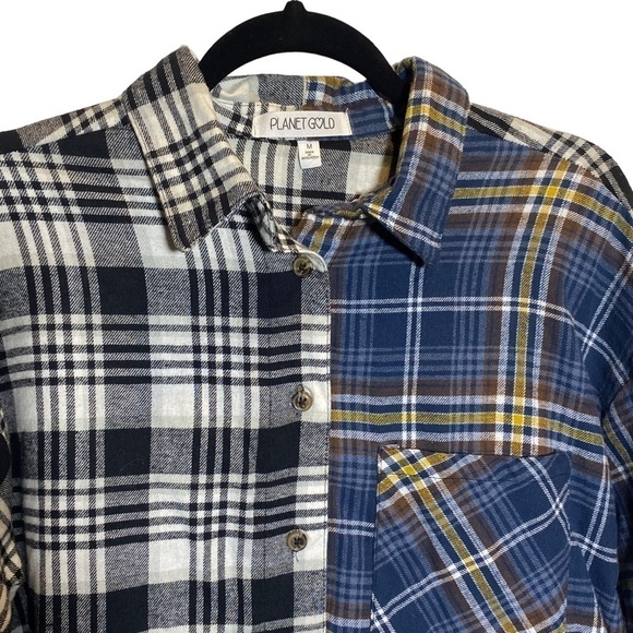 Planet Gold women's Medium mixed plaid cropped boxy flannel shirt long sleeve - Picture 2 of 6